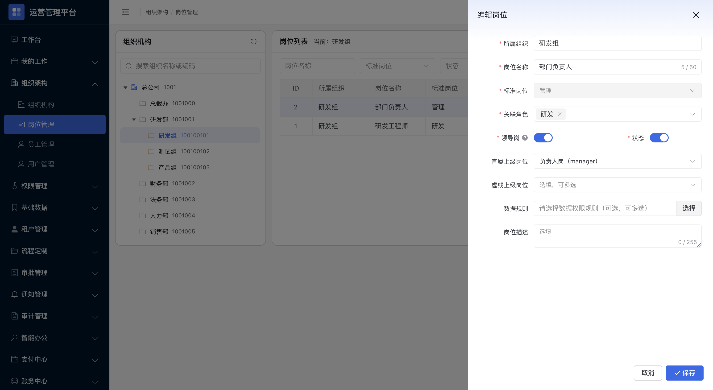 组织机构树：总公司与部门岗位